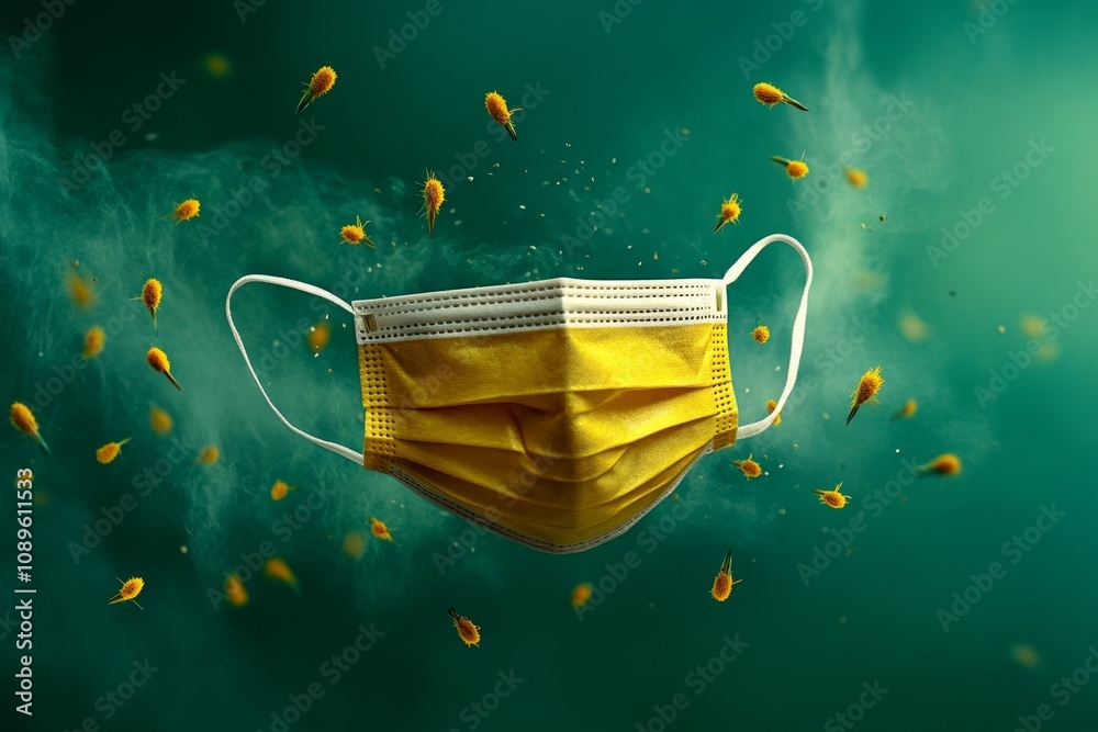 Poster allergies visualized by a simple mask icon surrounded by abstract pollen and dust shapes