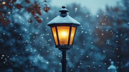 Snowy Winter Night Illuminated By A Glowing Lamppost