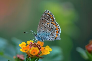 Obraz premium A blue butterfly perches on the petals of a bright yellow flower, its delicate wings folded