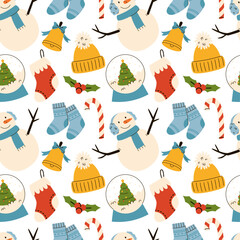 Cute snowman and Christmas elements seamless pattern. Christmas repeating design for wrapping paper, fabric, textiles and festive cards.