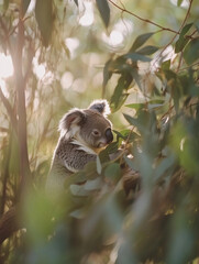 Koala resting in a eucalyptus tree among green leaves.