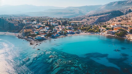 Aerial view of a coastal village with clear blue waters and scenic hills.