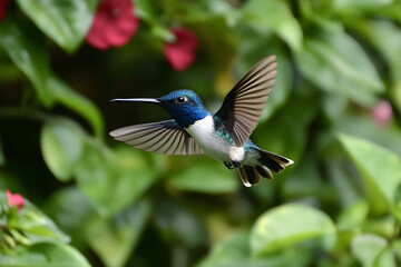 Naklejka premium Hummingbird hovering near flowers