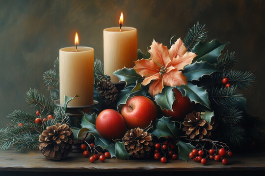 festive composition with lit candles, fir branches, pine cones, red apples and Christmas decorative elements.  