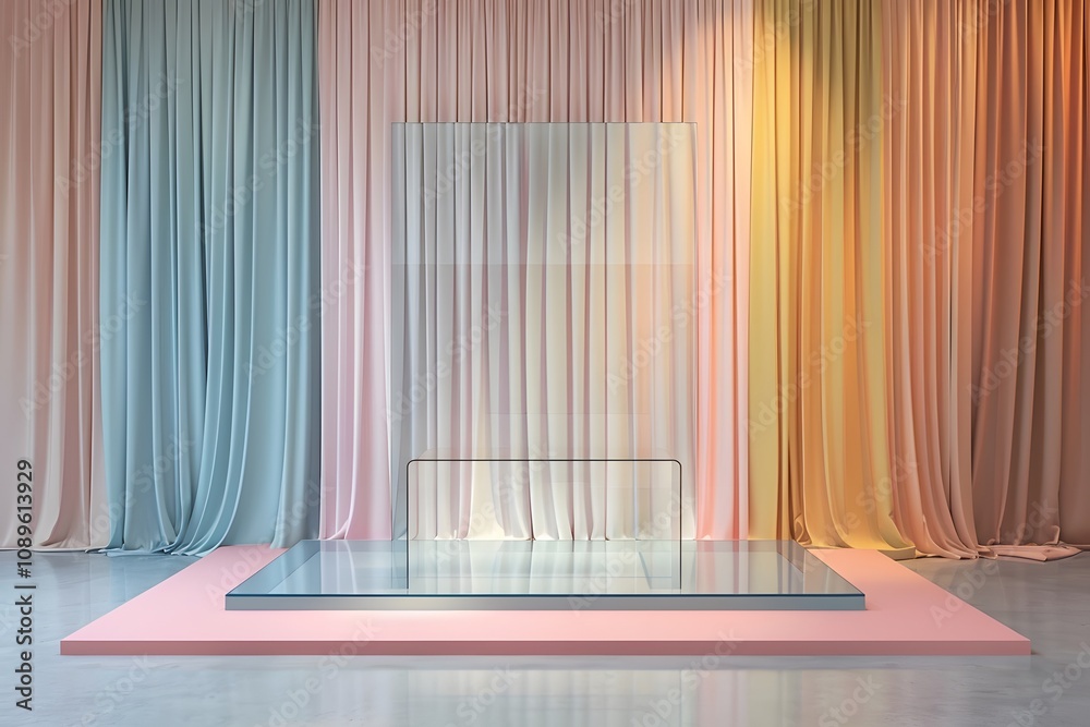 Poster stunning minimalist display with soft color drapes and glossy glass showcase in contemporary interio
