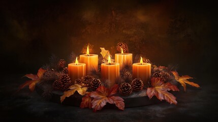 A cozy arrangement of candles surrounded by autumn leaves and pinecones on a dark background.