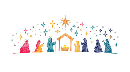 Colorful nativity scene with stars and characters.