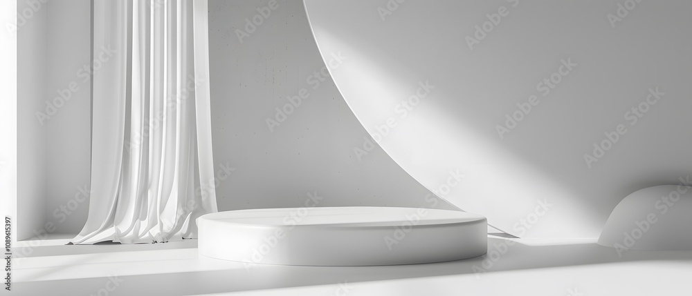 Poster modern minimalist interior with curved wall and round platform, soft natural light streaming through