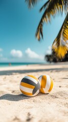 Obraz premium Two colorful beach balls on pristine sandy beach under vibrant palm trees, with clear blue sky and ocean in the background.