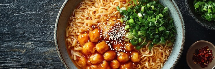 Asian noodles in bowl, top view, garnished with sesame and green onion, culinary closeup