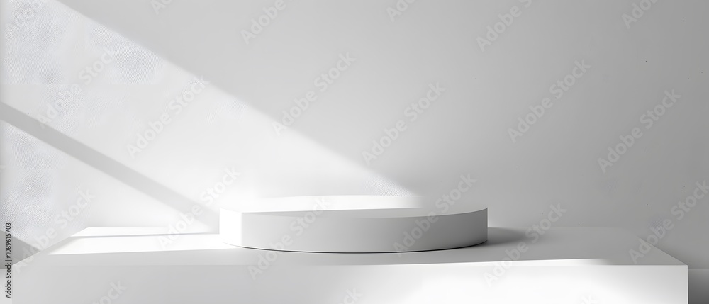 Poster Minimalist Display with White Circular Pedestal and Soft Light Shadows on a Plain Background for Product Presentation and Photography Showcase