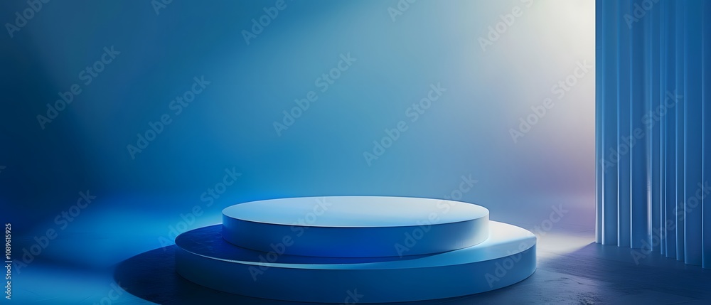 Poster minimalist blue background with circular platforms and soft lighting for creative photographic proje