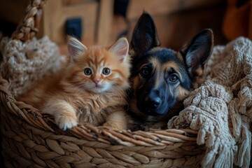 A cozy scene with a fluffy orange kitten and a friendly German shepherd dog snuggled together in a woven basket. This heartwarming image captures friendship and warmth. Generative AI