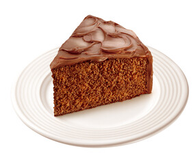prato com fatia de bolo de chocolate coberto com creme de chocolate ao leite isolado em fundo...