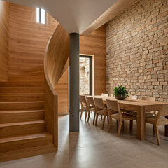 Obraz premium modern and minimalist interior design with a focus on clean lines and natural light. A wooden staircase with a metal railing leads up to a mezzanine level, creating a sense of openness and height.