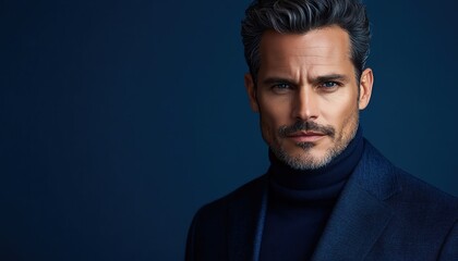 Obraz premium Man in dark blue suit and turtleneck serious expression deep blue background studio lighting