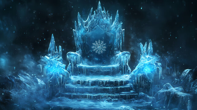 A throne made of ice with large snowflakes in the center and on the sides, dark background. Frozen Ice Palace. Illustration