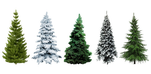 Collection of realistic spruce trees isolated on white background
