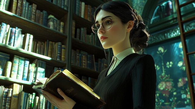 Exploring knowledge a young scholar reading in a vintage library enclosed space literary environment introspective concept