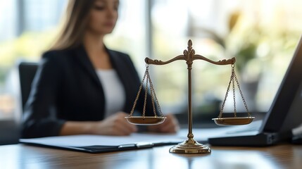 Scales of justice on desk, legal concept, outoffocus figure, ethical balance, office setting