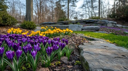 Fototapeta premium Vibrant spring flowers bloom among rocks in a serene landscape.
