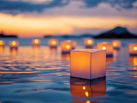 A serene sunset scene featuring glowing lanterns floating on water, creating a tranquil and magical atmosphere.