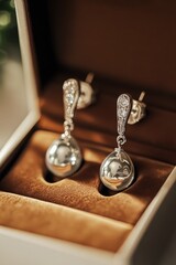 A pair of silver earrings sitting in a box, perfect for jewelry or gift storage