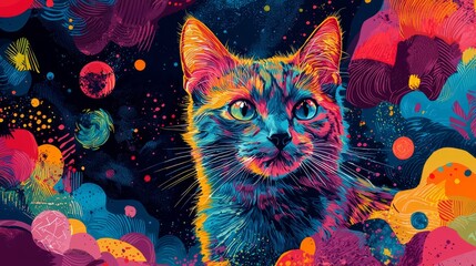 Fototapeta premium Vibrant artistic portrait of a cat digital artwork colorful background creative environment close-up view pet concept for art lovers