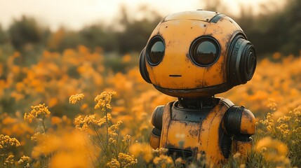 Sunkissed robot with gentle eyes, perched in lush fields, warm lighting, low angle