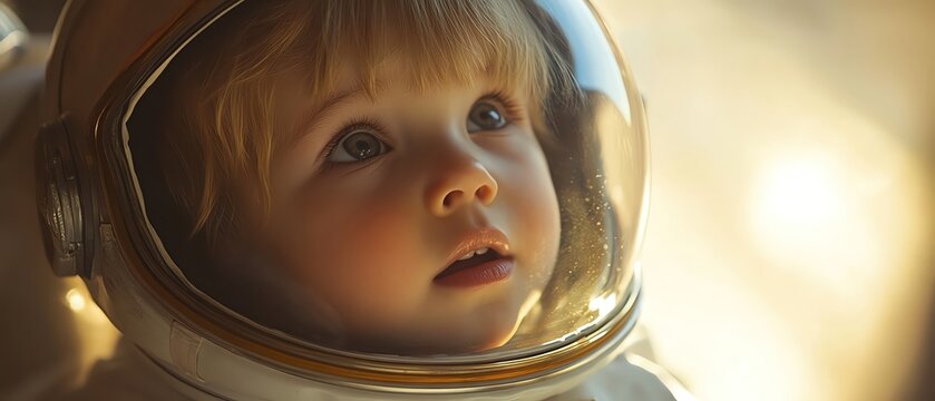 Toddler in astronaut helmet, dreaming big, space exploration, childhood imagination