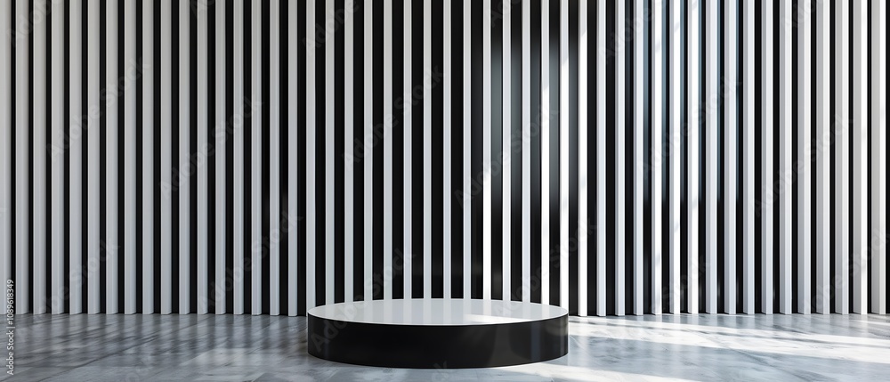 Aufkleber Modern Minimalist Studio Space with Black and White Vertical Stripes and Circular Display Platform for Art Exhibitions and Presentations