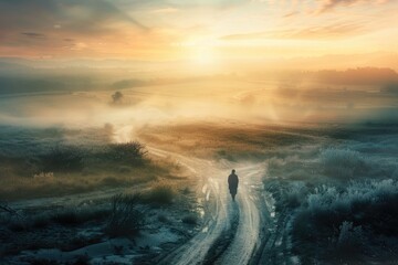 Fototapeta premium A lone individual walking along a dusty dirt path, great for outdoor and travel stock photos