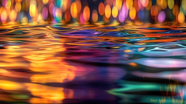 Reflections of vibrant lights on calm water surface