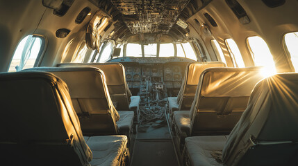 Obraz premium Interior view of empty airplane wreck, torn seats and exposed wires, sunlight breaking through windows