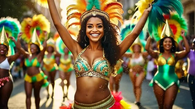 Vibrant Carnival Parade with Joyful Dancer. A woman in a colorful costume celebrates at a bright street carnival, with feathers and beads gleaming. Panorama with copy space.