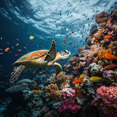 Fototapeta premium Colorful coral reef teeming with marine life and a turtle gliding above