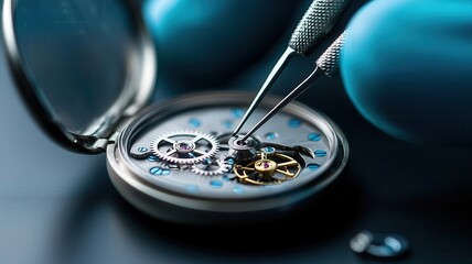 Handmade and skills of Close-up of watch movement with precision tools, showcasing the intricate details of mechanical craftsmanship.