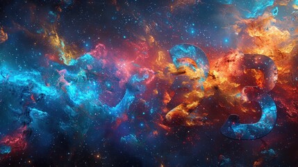 Obraz premium Abstract cosmic background with swirling clouds of blue and orange gas, reminiscent of a galaxy or nebula.