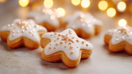 Fototapeta premium Festive Star Shaped Christmas Cookies Decorated With Gold