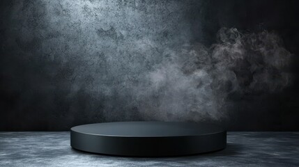 A dark, misty stage with a circular platform, creating a mysterious atmosphere, ideal for presentations or performances.