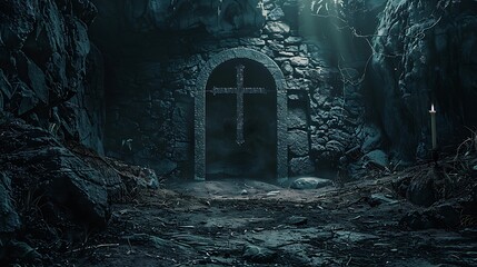 A dark, eerie cave entrance featuring a stone cross, illuminated by faint light and surrounded by rugged terrain.