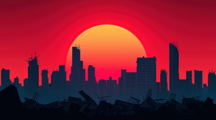 Naklejka premium A vibrant sunset casts a deep orange glow over a silhouetted city skyline, suggesting themes of desolation and rebirth amid urban decay.