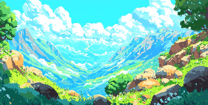 8bits Pixel art of an adventurous mountain landscape, with lush green hills and white clouds in the sky
