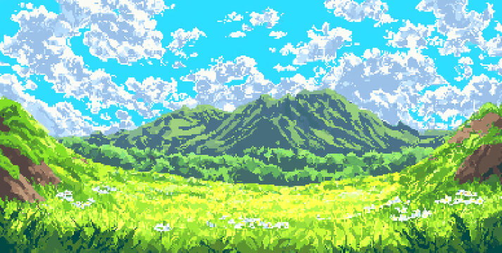 8bits Pixel art of an adventurous mountain landscape, with lush green hills and white clouds in the sky