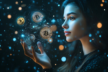 A confident woman holding a futuristic computer graphic projection, with icons of Bitcoin and the dollar floating in front of her, symbolizing financial technology and digital innovation.