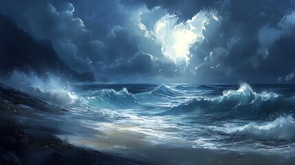 Fototapeta premium Dramatic moonlit ocean waves crashing on a sandy shore at night.