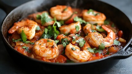 Fototapeta premium A savory shrimp dish sauteed with vegetables and herbs in a cast iron skillet, showcasing vibrant colors and rich flavors.