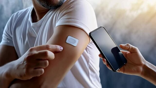 Person scanning their digital health patch with a smartphone, showcasing technology in healthcare. Wearable device of real-time control of health through continuous glucose monitoring CGM system.