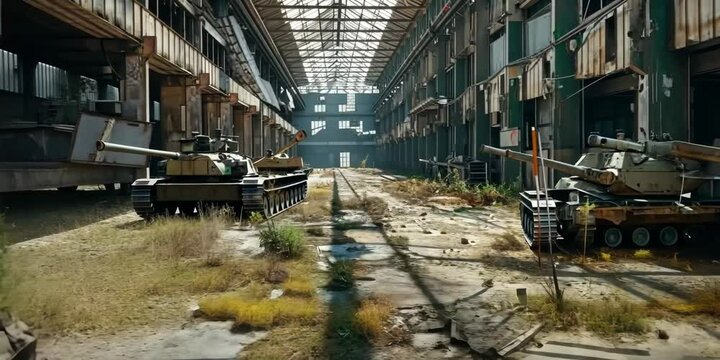 Abandoned military base with rusted vehicles and crumbling buildings, 4K , Video