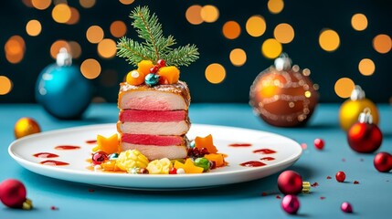 Festive dessert with vibrant Christmas decorations.
